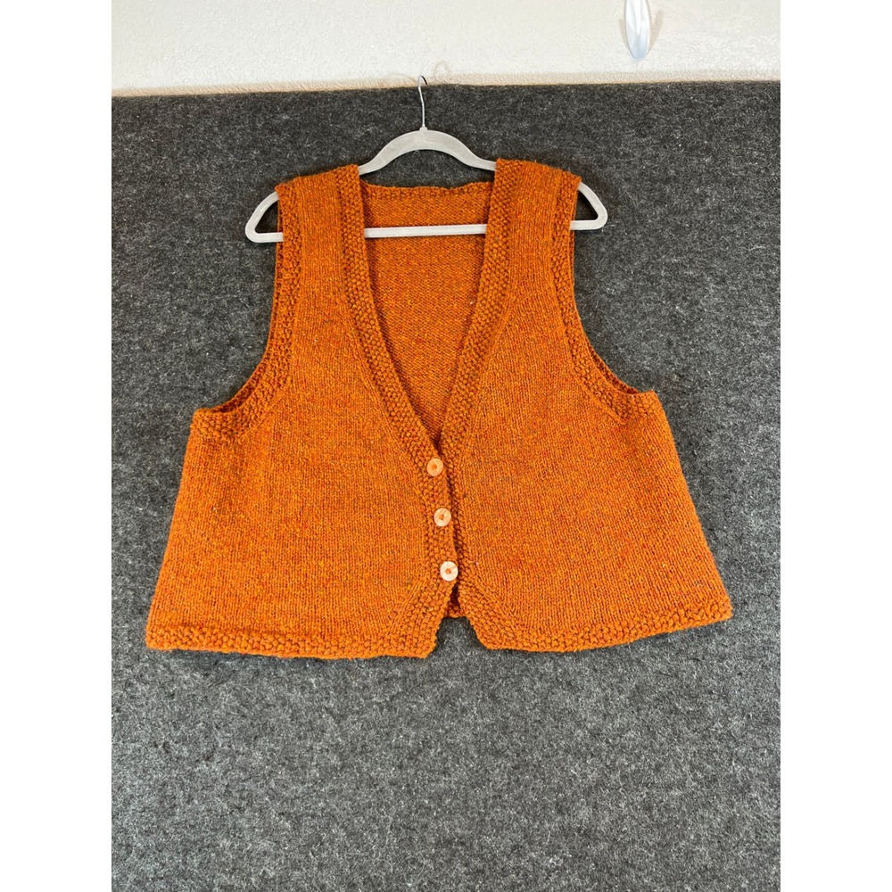 Vintage 70s Hand Knit Sweater Vest Orange Cardigan Halloween Button Large